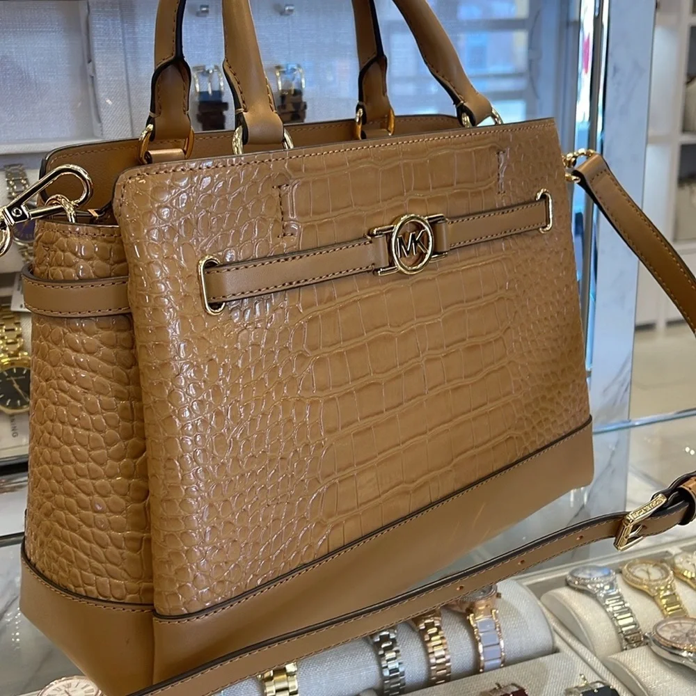 MICHAEL KORS Reed Lg Leather Belted Satchel Crossbody Handbag CZ Deer Crocodile